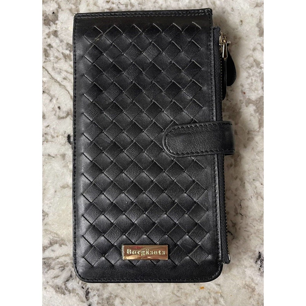 Borgasets Handmade Black Leather Bifold Wallet 18 Credit Card Slots 2 Zippers